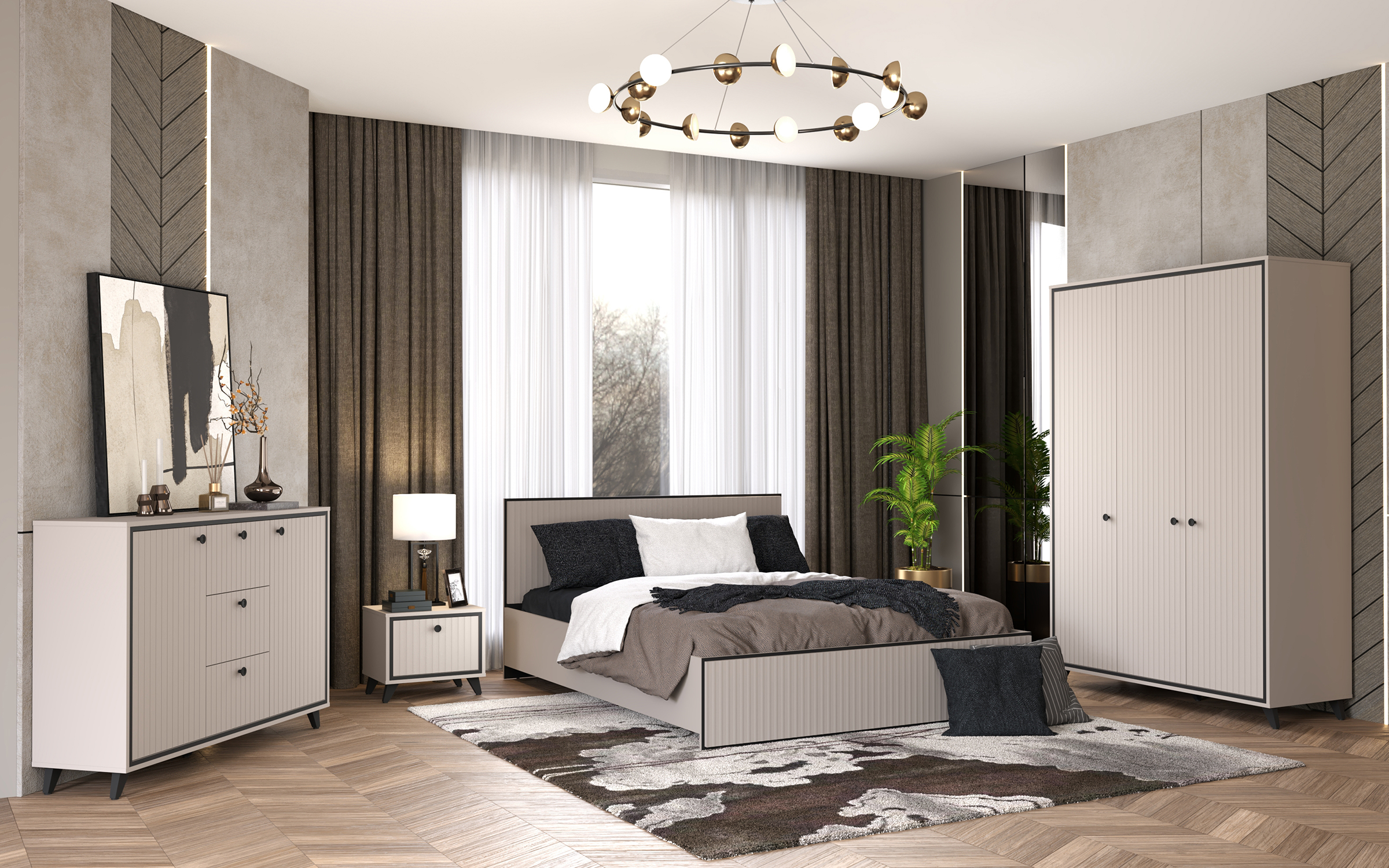 Bedroom furniture set for mattress 160/200 Tirena, cashmere + black  1